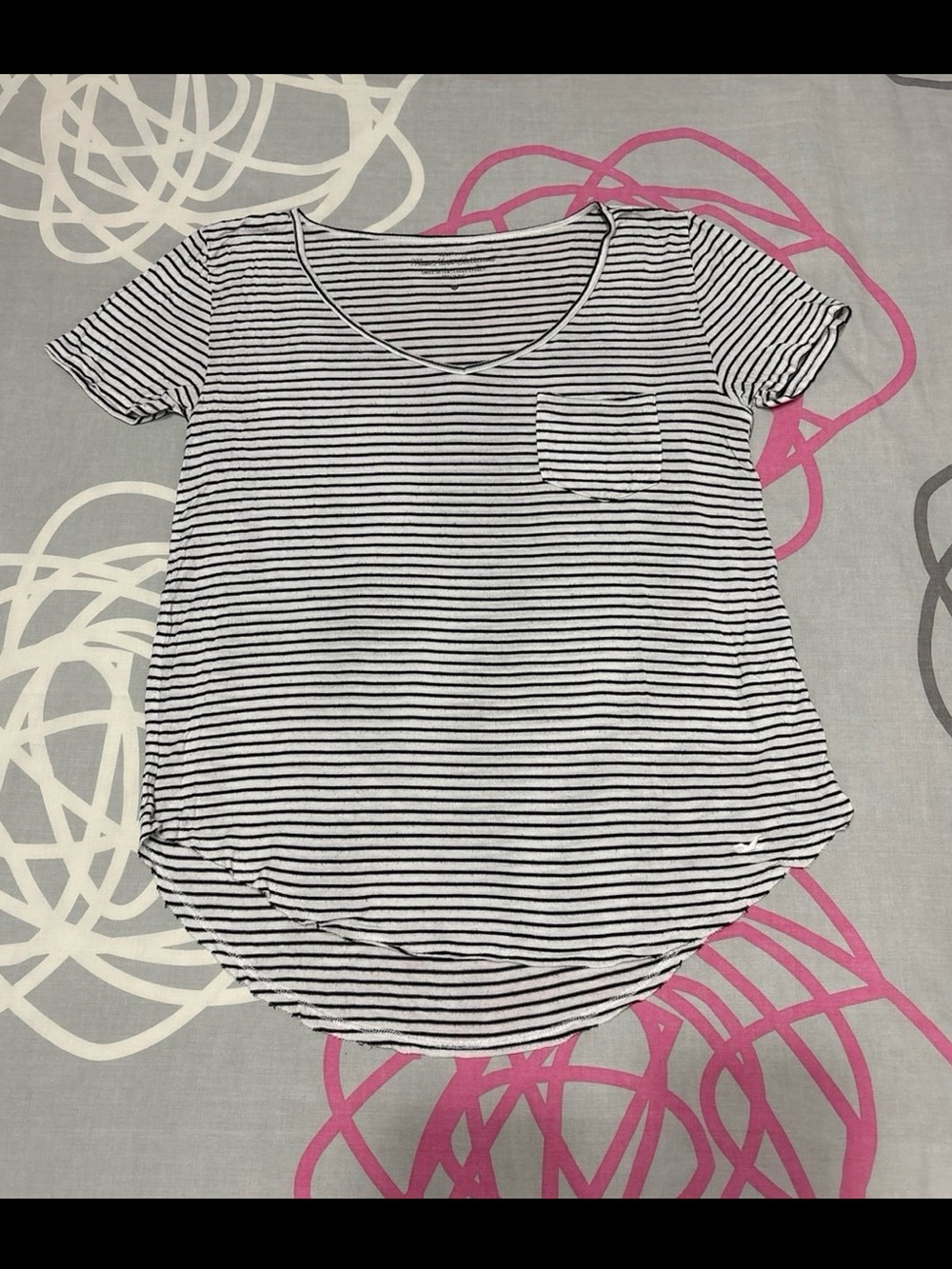 Hollister White and Black Striped V-Neck Top